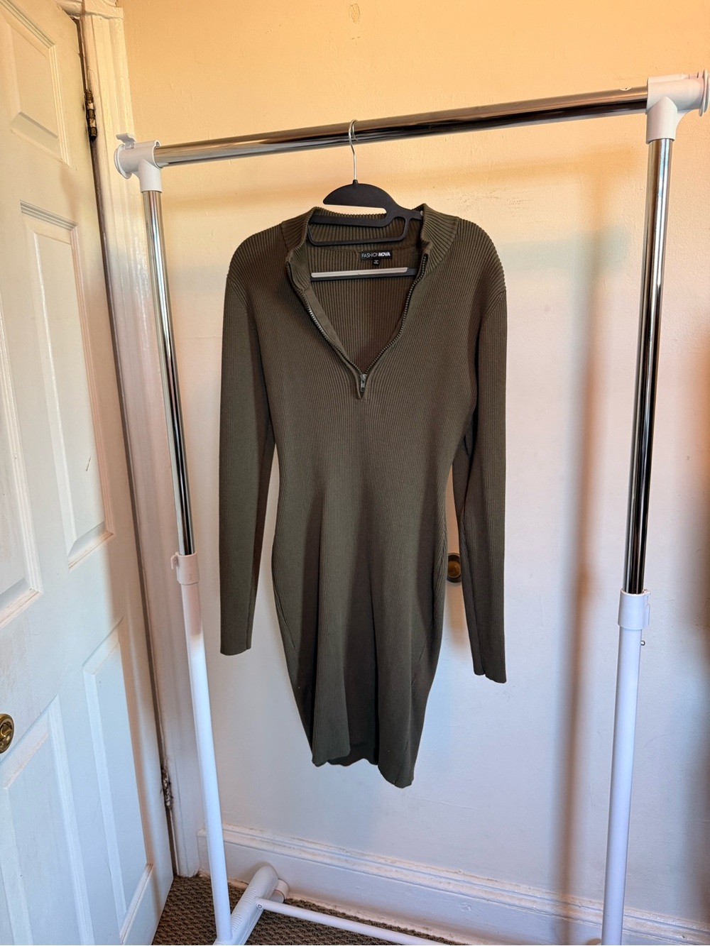 Fashion Nova Olive Ribbed Zip-Front Long Sleeve Dress